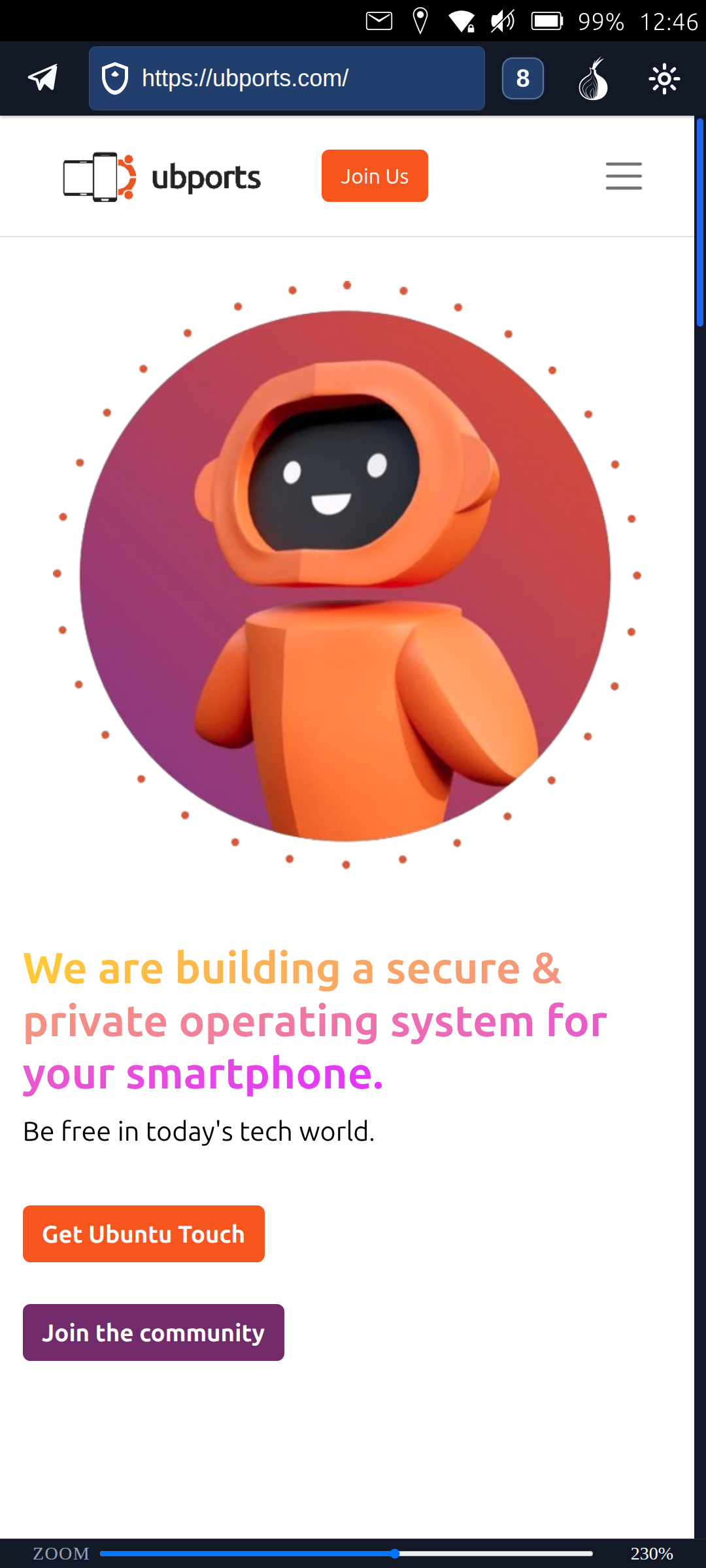 Merezhyvo browser showing mobile home screen on Ubuntu Touch