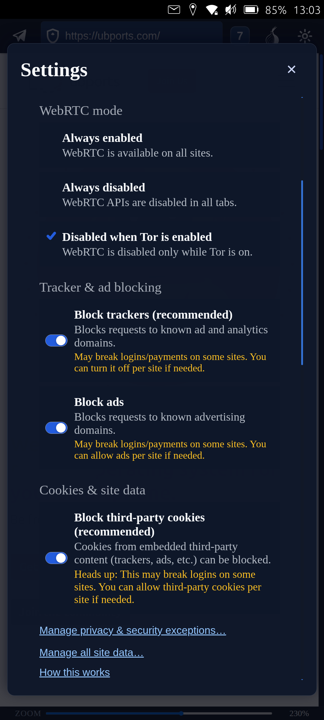 Merezhyvo privacy and security settings on mobile