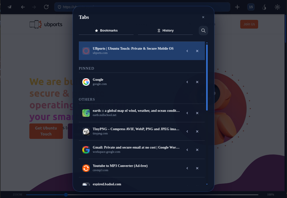 Merezhyvo desktop convergence view showing tabs, bookmarks, and history