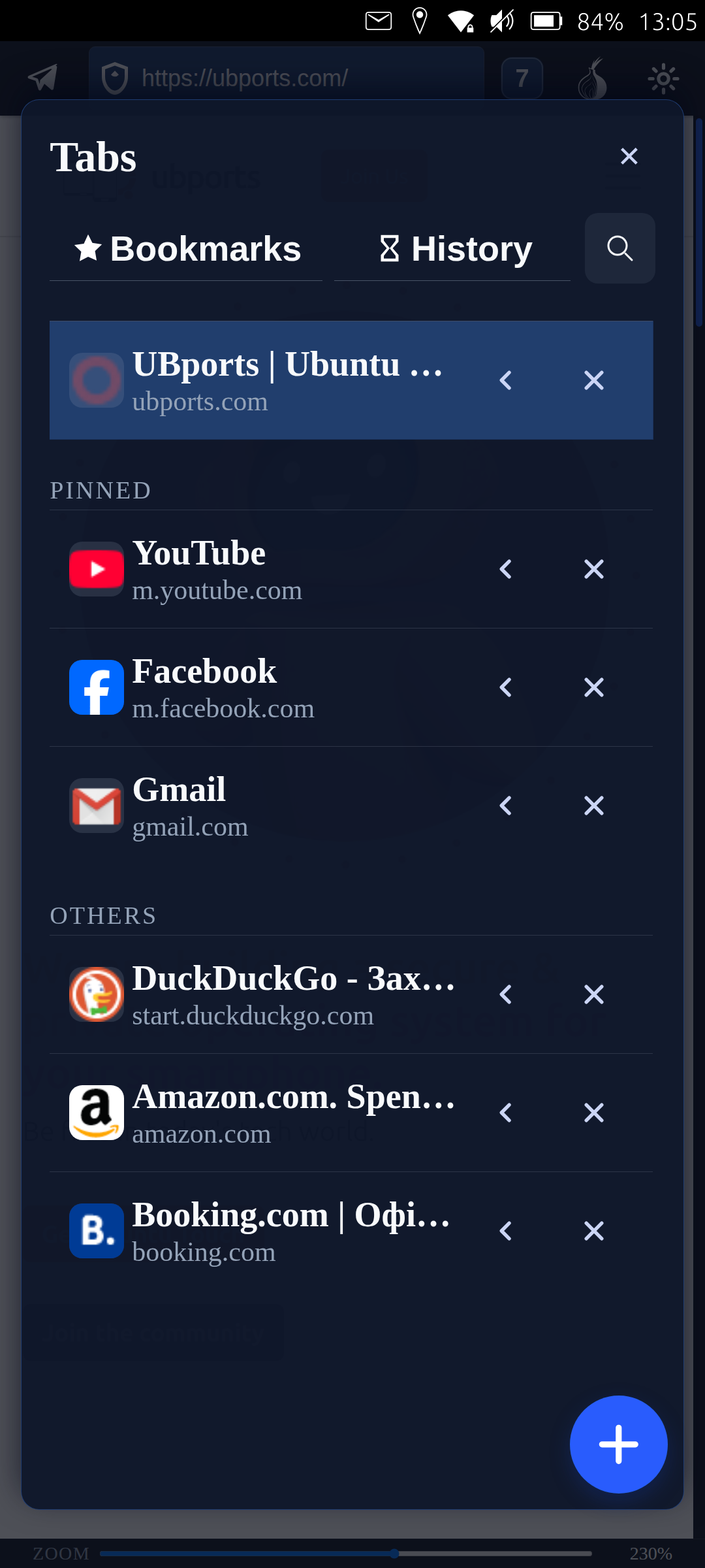 Tabs, bookmarks, and history views on mobile